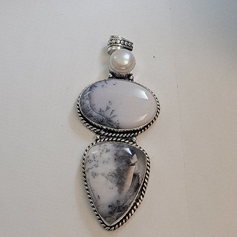 Necklace Pendants Dendritic Opal and Pearl Handmade Jewelry in Sterling Silver